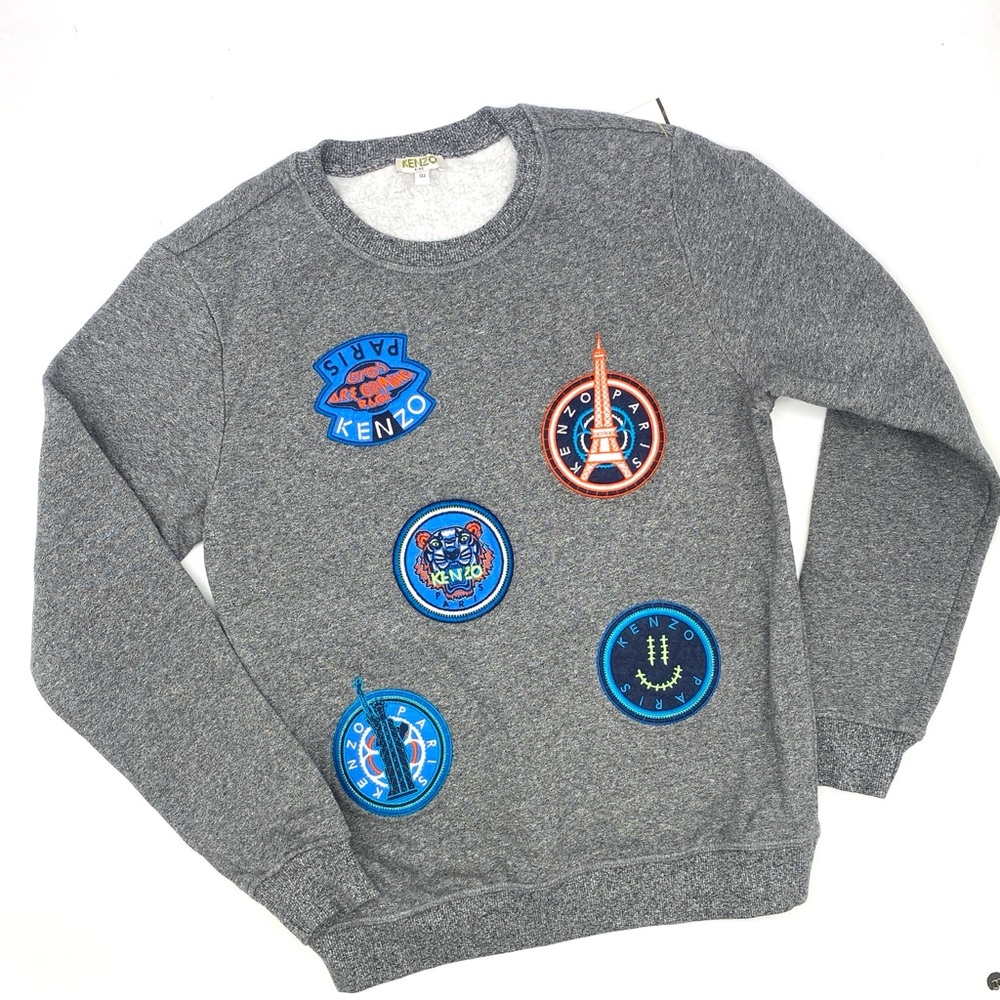 Kenzo Gray Kids Sweater Long Sleeve Sweatshirt Embroidered Patches Size 14A
